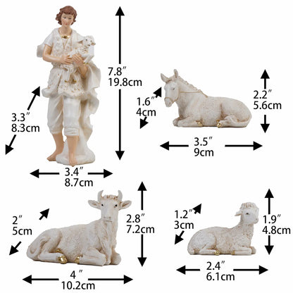 8 inch White nativity shepherd, ox, donkey, and sheep figurines with individual measurements