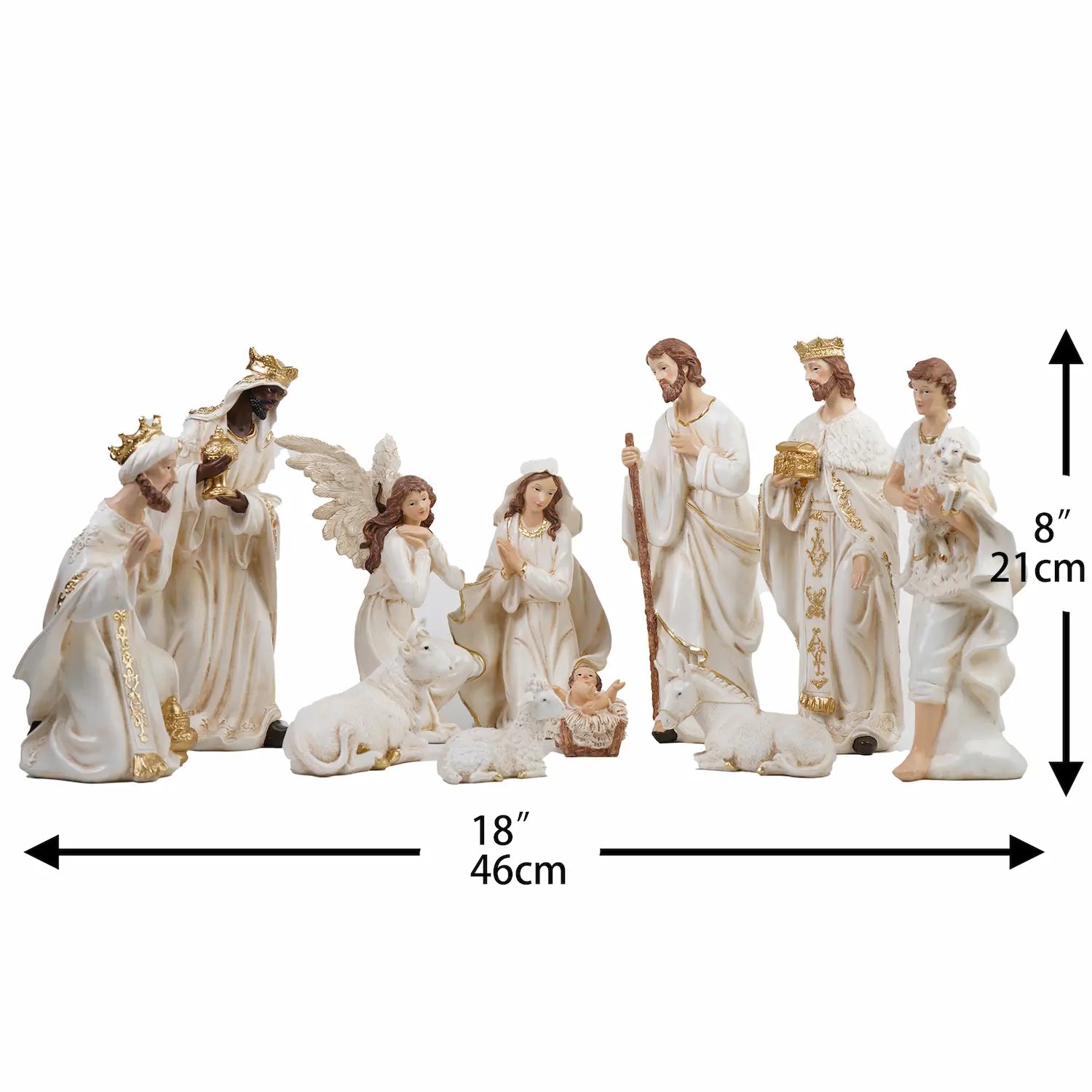 Full 11-piece white and gold nativity scene showing 18-inch display width and 8-inch height