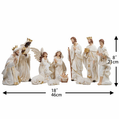 Full 11-piece white and gold nativity scene showing 18-inch display width and 8-inch height