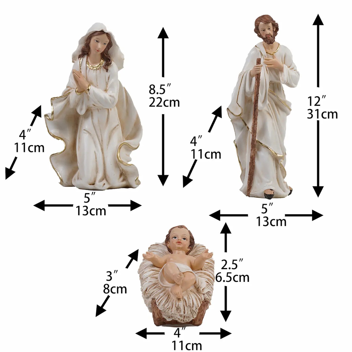12 inch White and gold Holy Family nativity figurines — Mary, Joseph with staff, and Baby Jesus in manger with measurements
