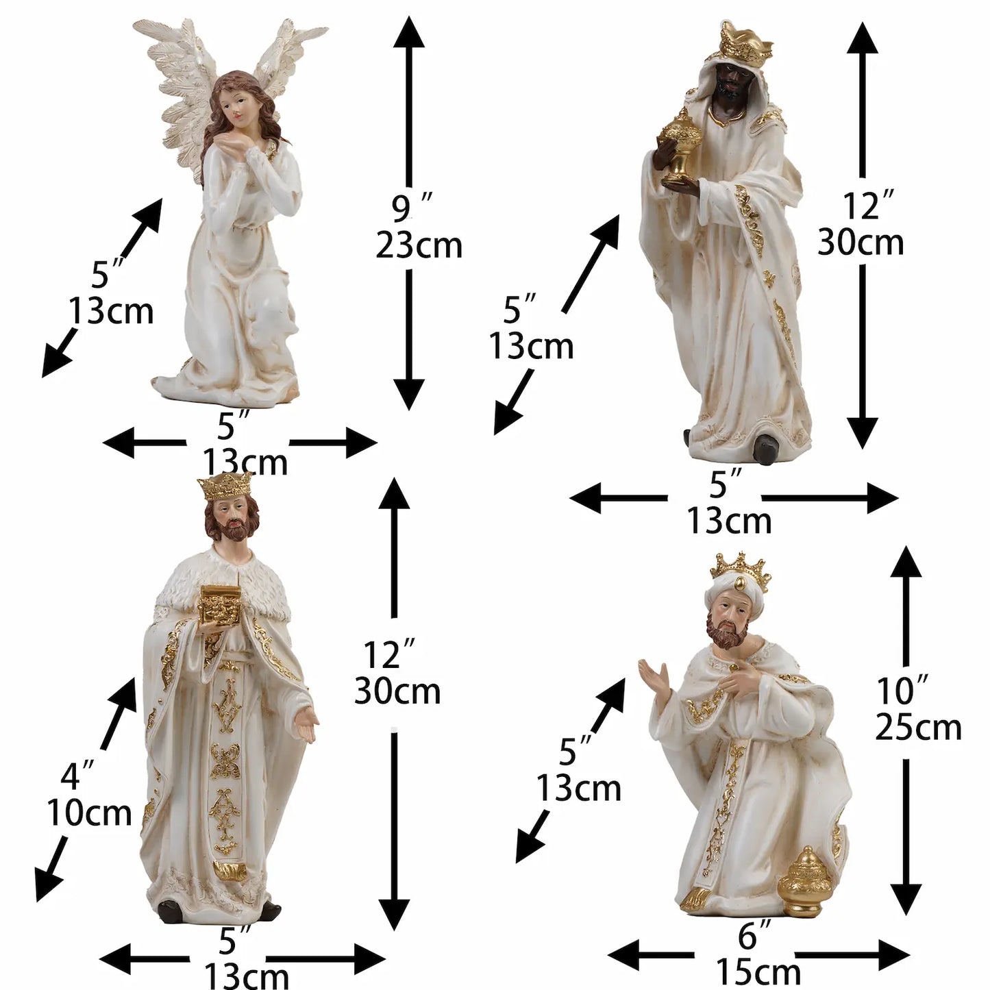 12 inch White and gold angel and three Wise Men nativity figurines with dimensions — hand-painted resin crèche pieces