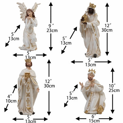 12 inch White and gold angel and three Wise Men nativity figurines with dimensions — hand-painted resin crèche pieces