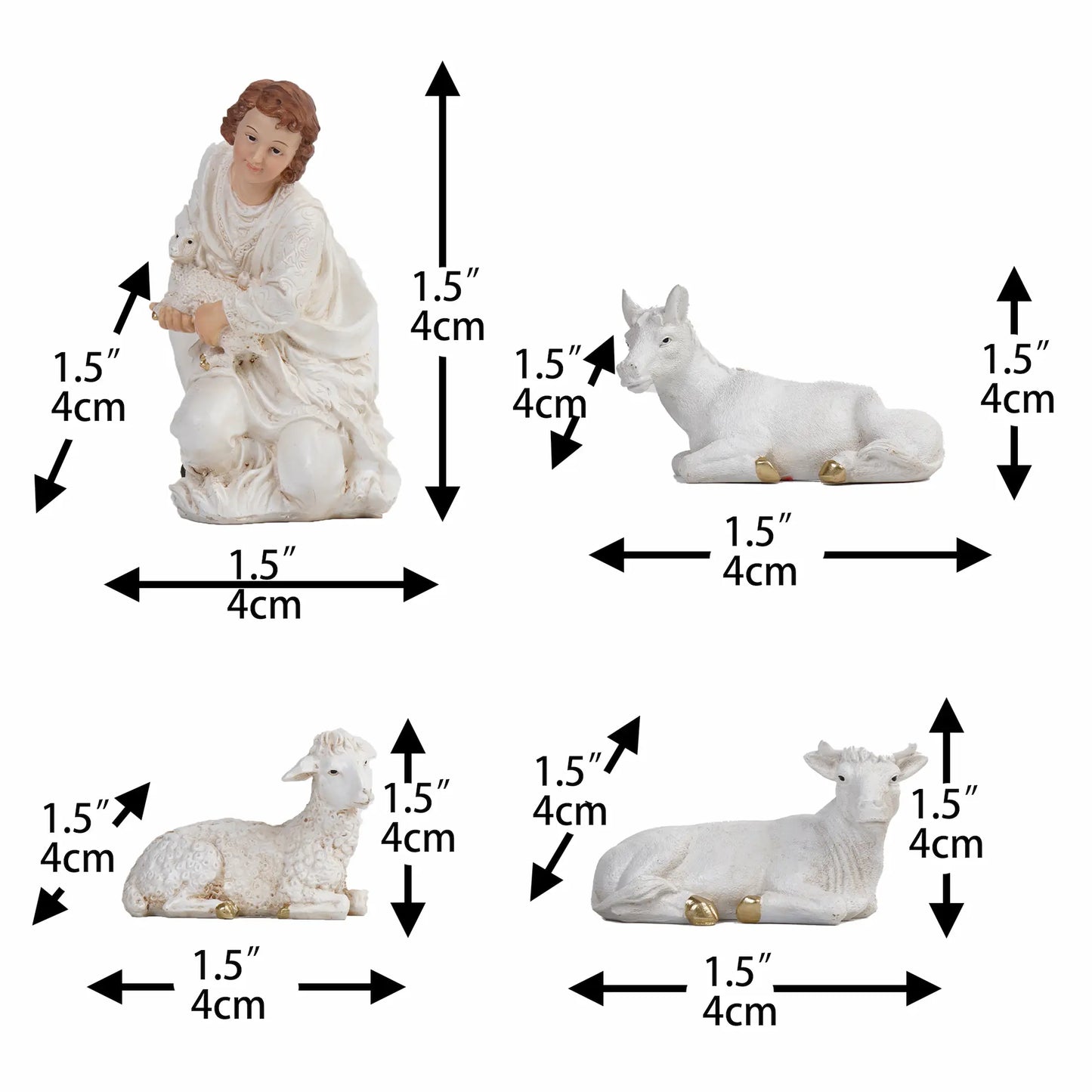 Nativity animals figurines set for manger scene, white and gold Christmas tabletop decor