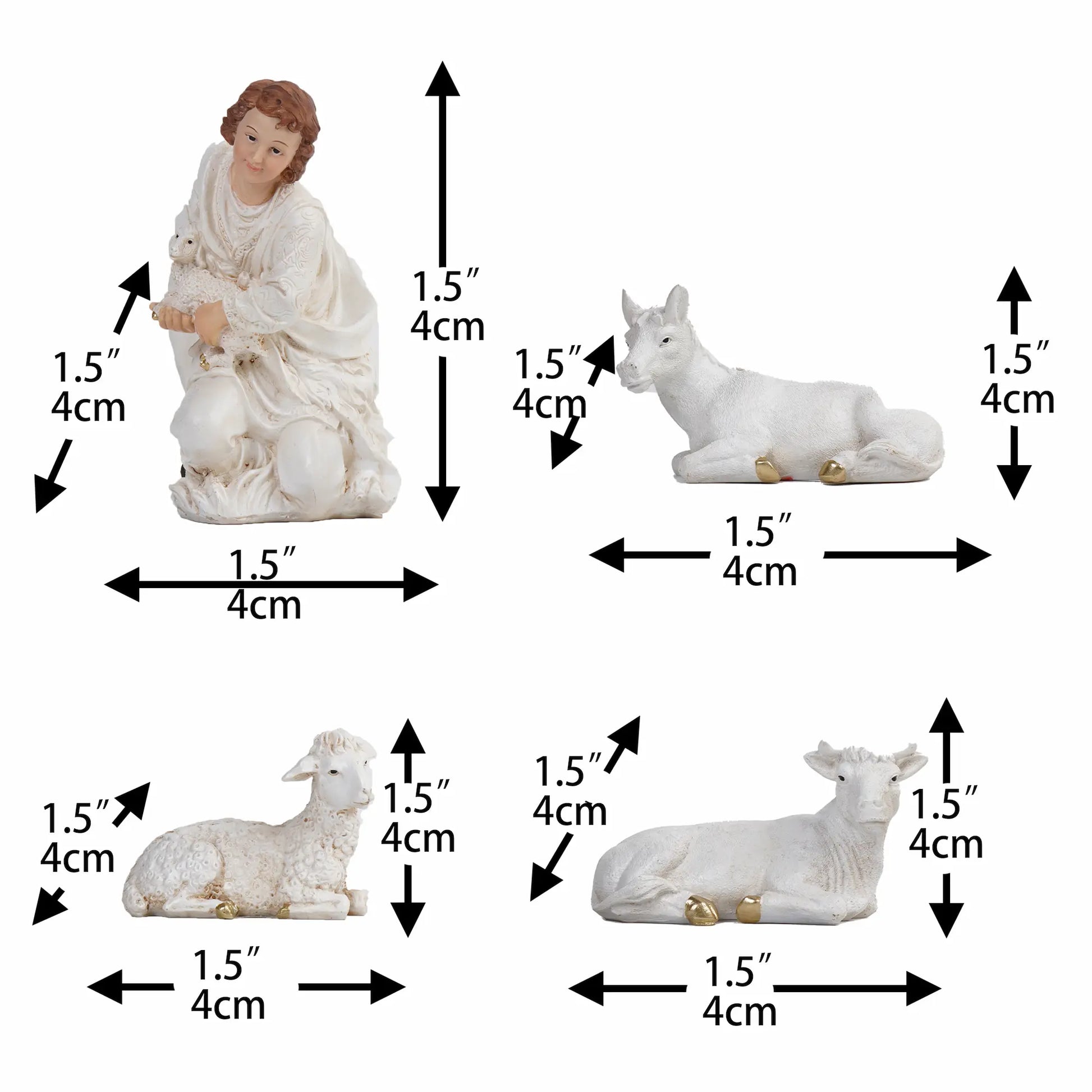 Nativity animals figurines set for manger scene, white and gold Christmas tabletop decor