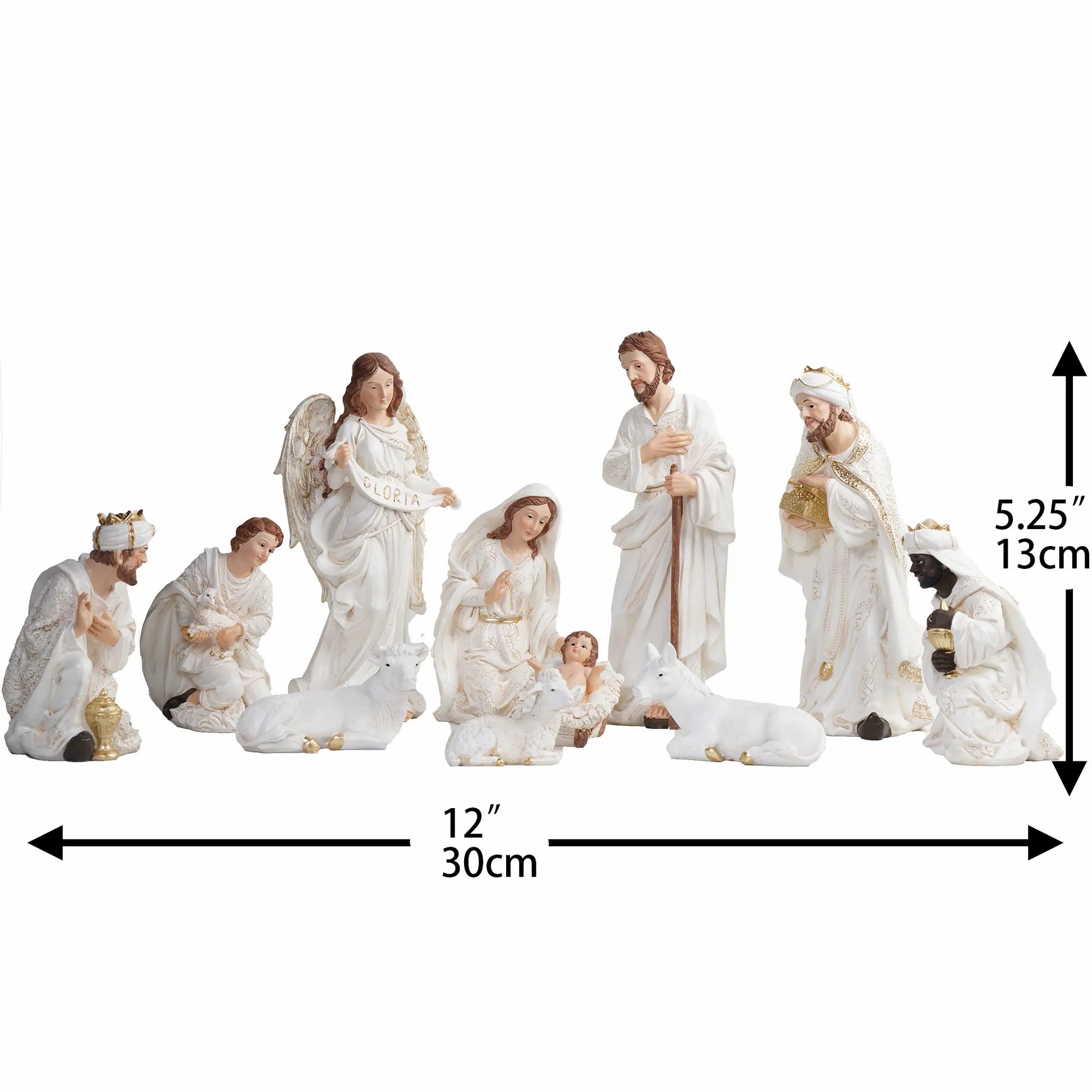 5.25-inch nativity set size diagram with overall measurements, Christmas manger scene set