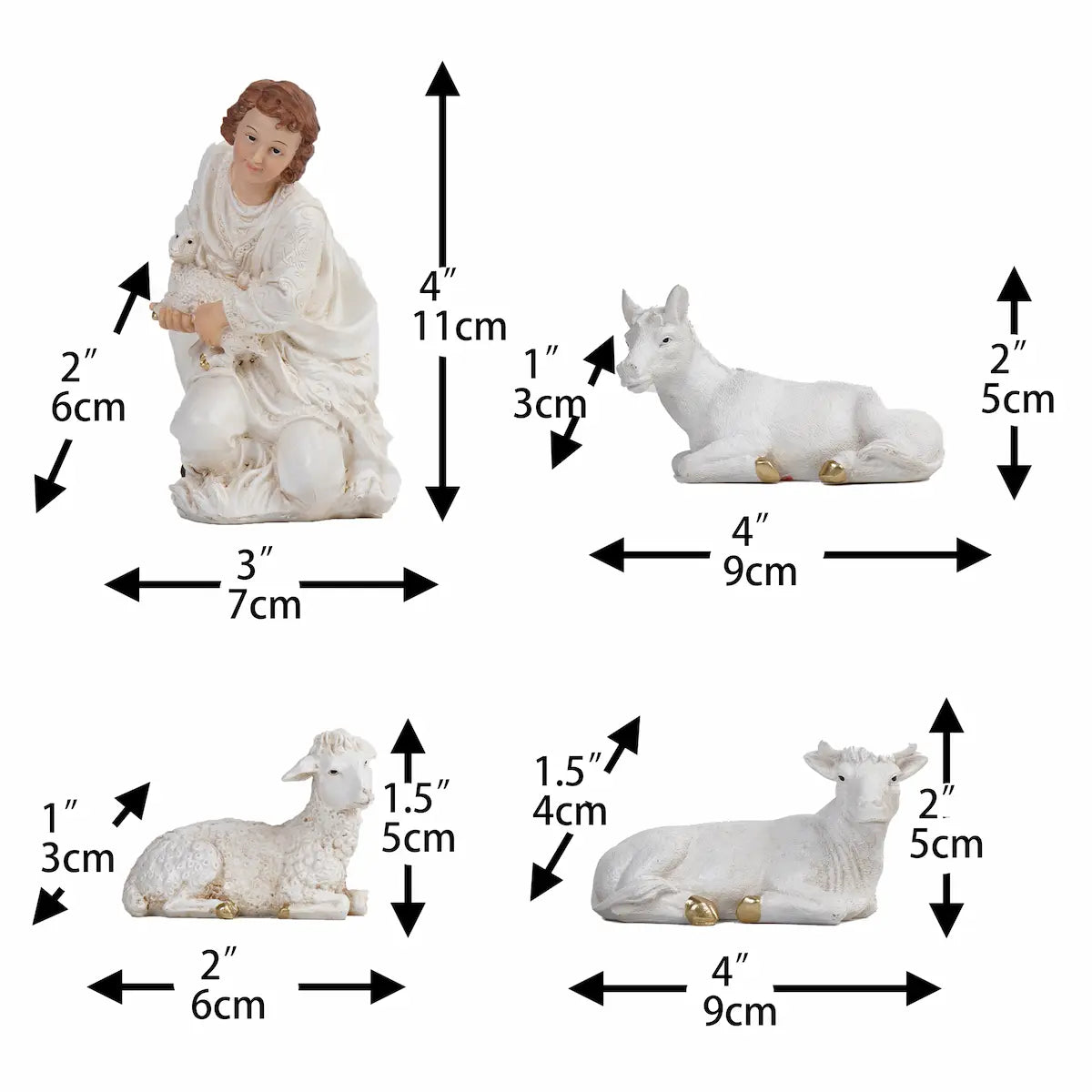 Nativity shepherd and animals figurines dimensions set for manger scene, white and gold Christmas tabletop decor.