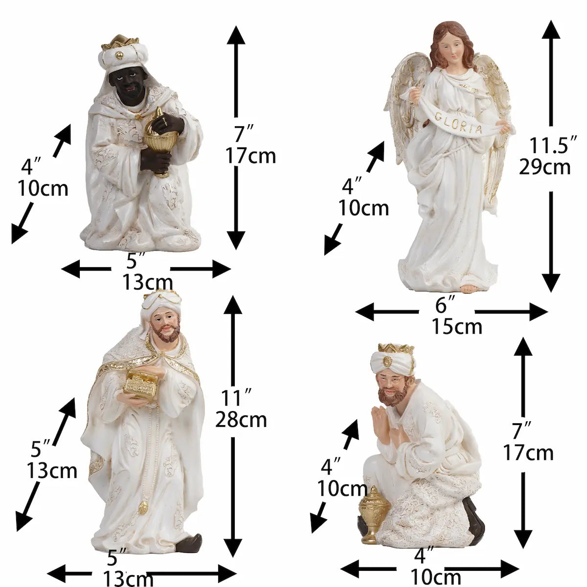  12 inch Nativity wise men and angel figurines with "GLORIA" banner, white and gold religious Christmas decorations.