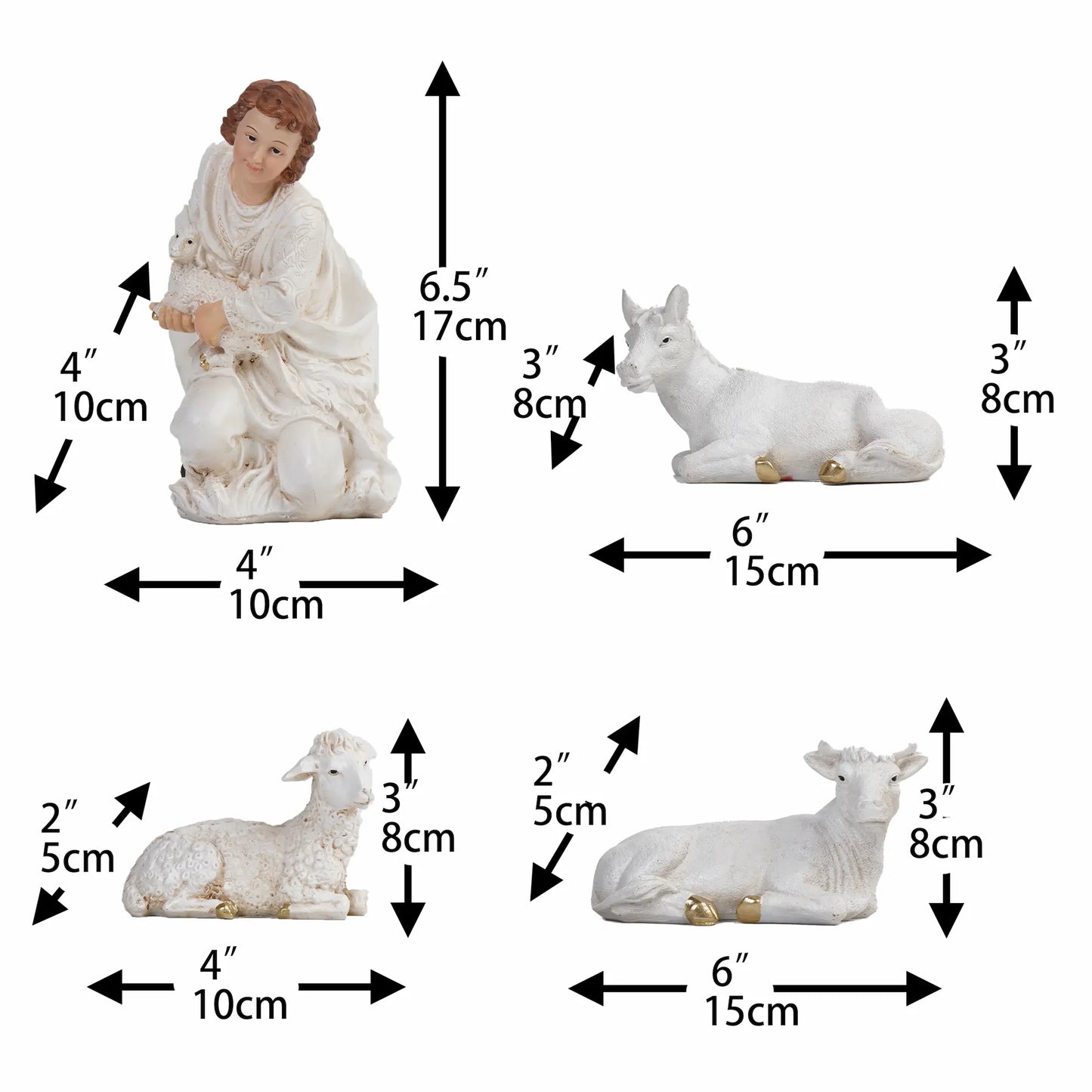 Nativity shepherd and animals figurines dimensions, manger scene figurines for religious Christmas decorations.