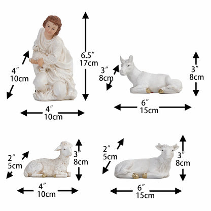 Nativity shepherd and animals figurines dimensions, manger scene figurines for religious Christmas decorations.
