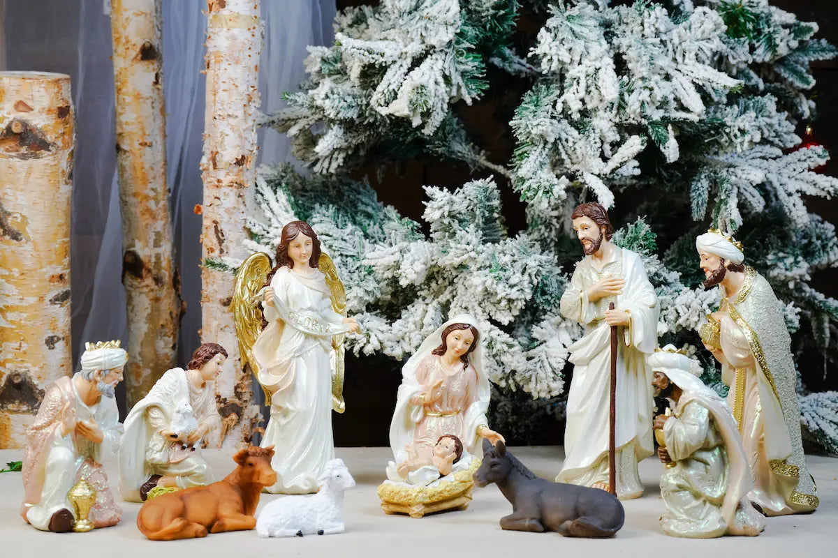 hand painted blush pink nativity set complete scene