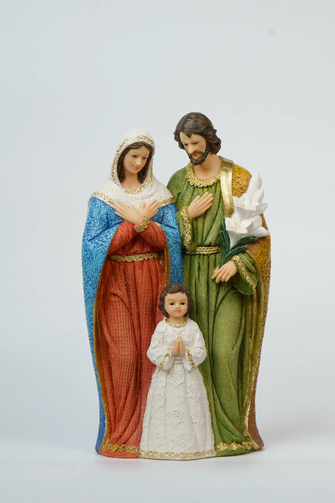 Holy Family Figurine with Lilies – Hand-Painted Resin, 3 Sizes