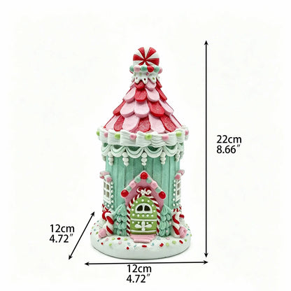 Hand-painted candyland gingerbread house figurine, 22cm tall, front view with dimensions on white background