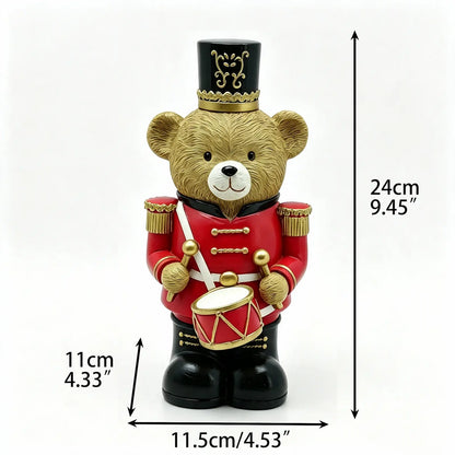 Christmas teddy bear drummer figurine with dimensions 11.5cm width, 11cm depth, 24cm height on white background
