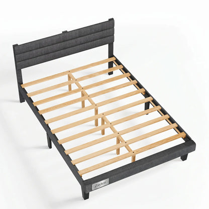 Queen Size Upholstered Platform Bed Frame with Adjustable Headboard, Wooden Slat Support, No Box Spring Needed, Dark Grey Linen Fabric Bed Base