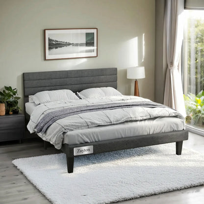 Queen Size Upholstered Platform Bed Frame with Adjustable Headboard, Wooden Slat Support, No Box Spring Needed, Dark Grey Linen Fabric Bed Base
