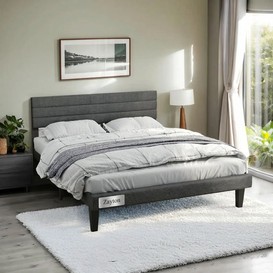 Queen Size Upholstered Platform Bed Frame with Adjustable Headboard, Wooden Slat Support, No Box Spring Needed, Dark Grey Linen Fabric Bed Base