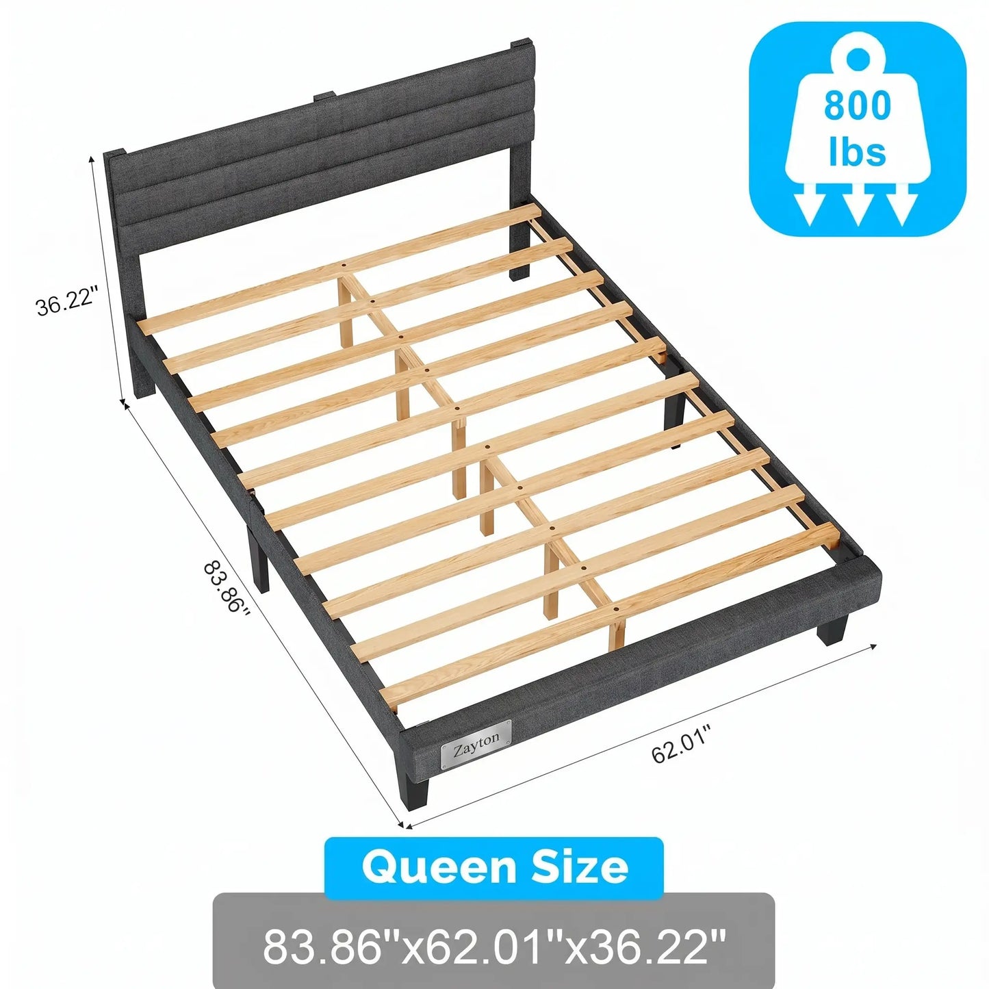 Queen Size Upholstered Platform Bed Frame with Adjustable Headboard, Wooden Slat Support, No Box Spring Needed, Dark Grey Linen Fabric Bed Base