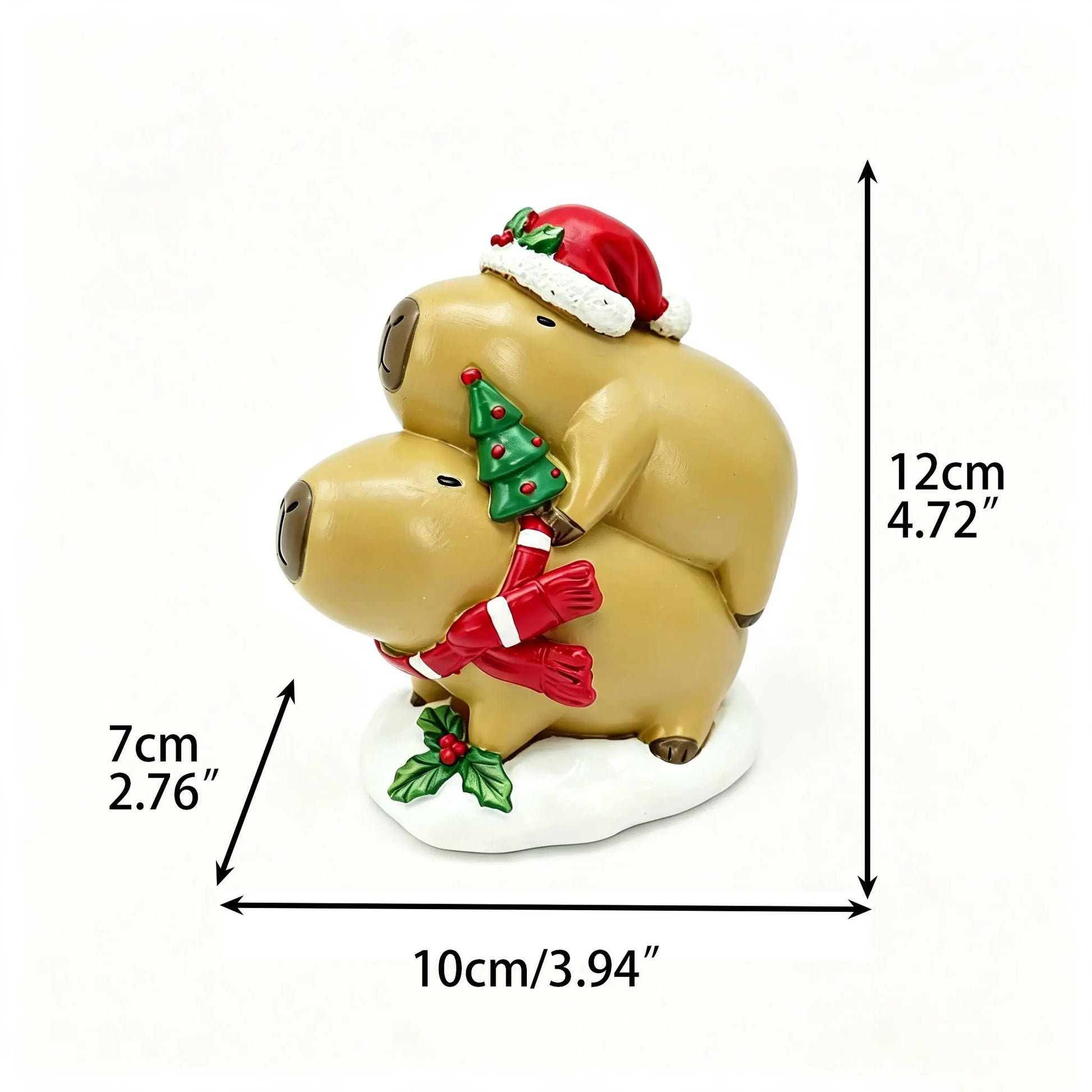 Christmas capybara stacking figurine with dimensions 10cm length, 7cm width, 12cm height on white background