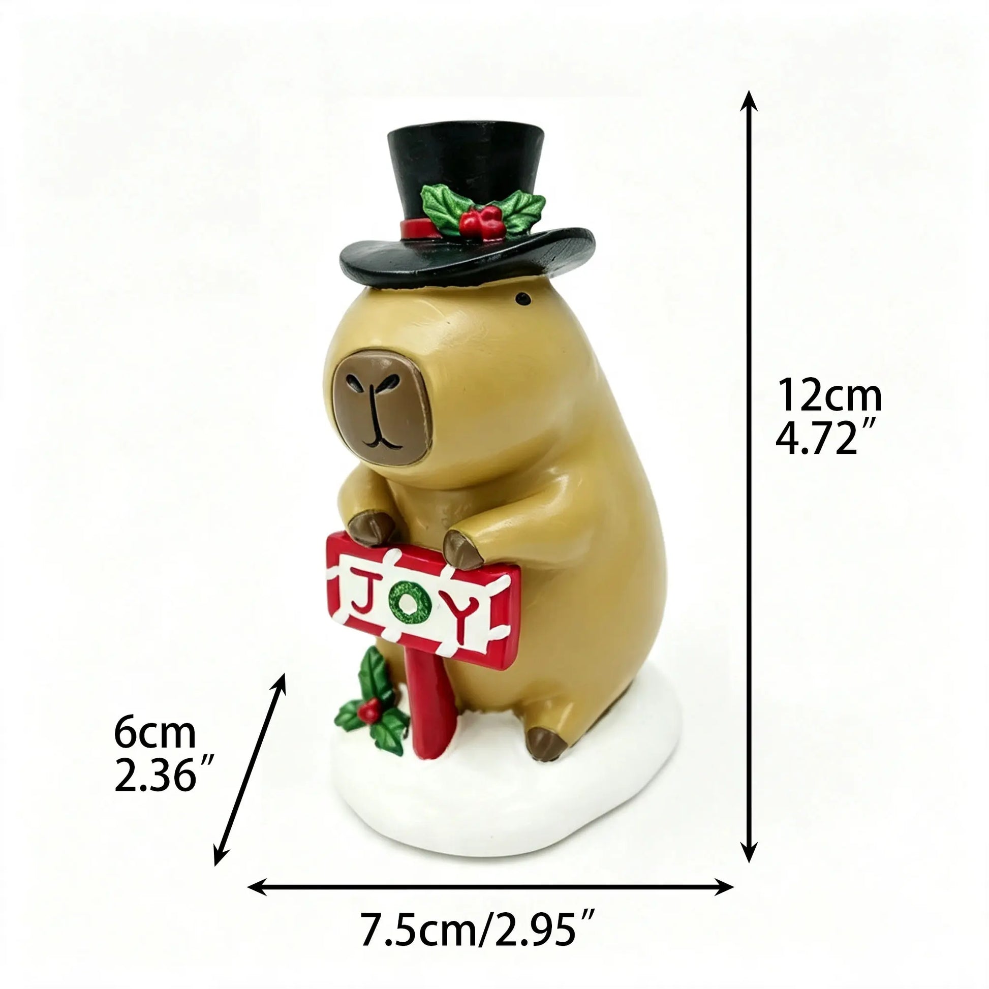 Christmas capybara JOY sign figurine with dimensions 7.5cm length, 6cm width, 12cm height on white background