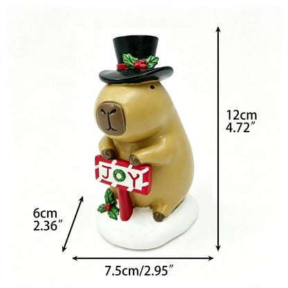 Christmas capybara JOY sign figurine with dimensions 7.5cm length, 6cm width, 12cm height on white background