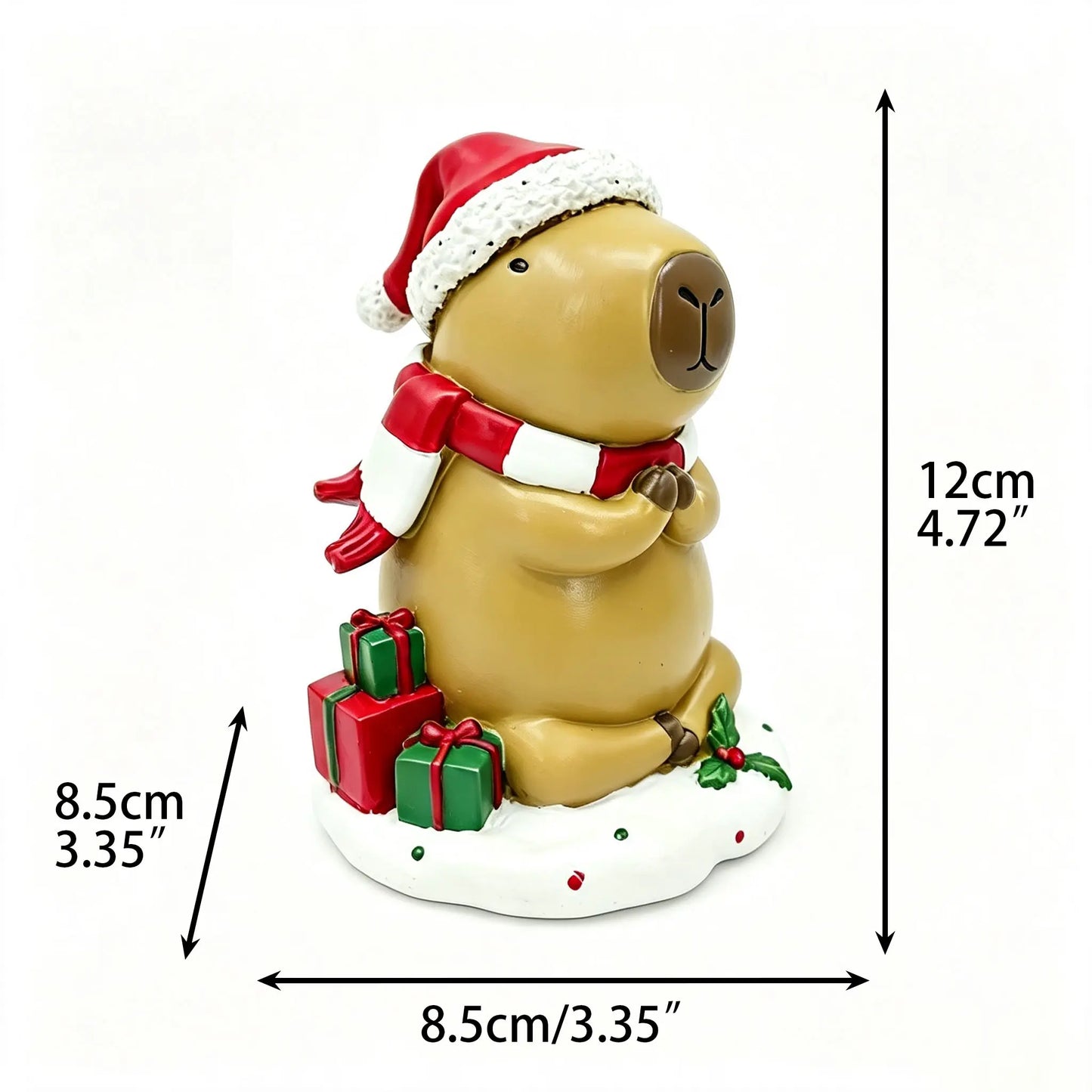 Christmas capybara Santa hat gift figurine with dimensions 8.5cm width, 8.5cm depth, 12cm height on white background
