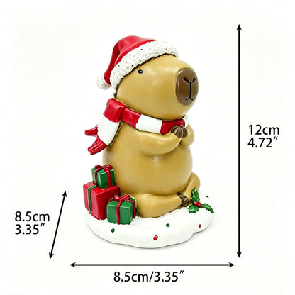 Christmas capybara Santa hat gift figurine with dimensions 8.5cm width, 8.5cm depth, 12cm height on white background