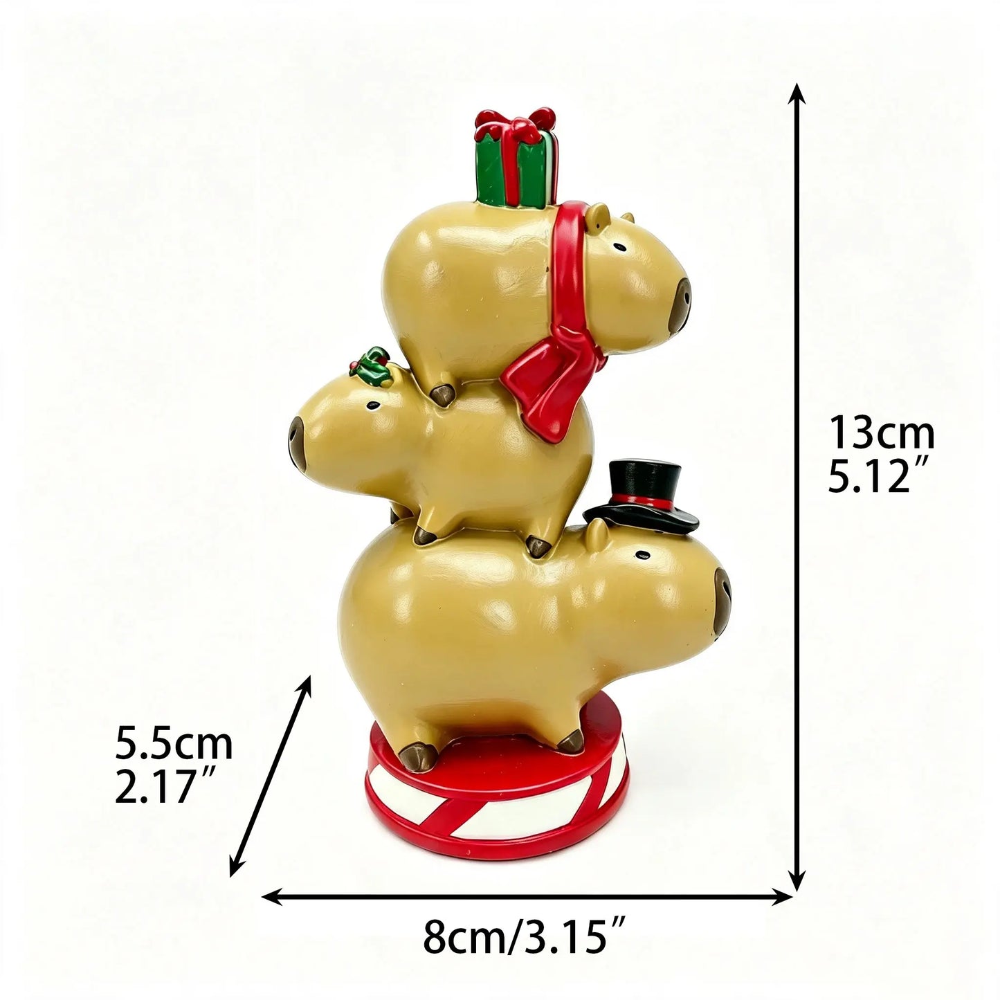 Christmas capybara triple stack figurine with dimensions 8cm length, 5.5cm width, 13cm height on white background