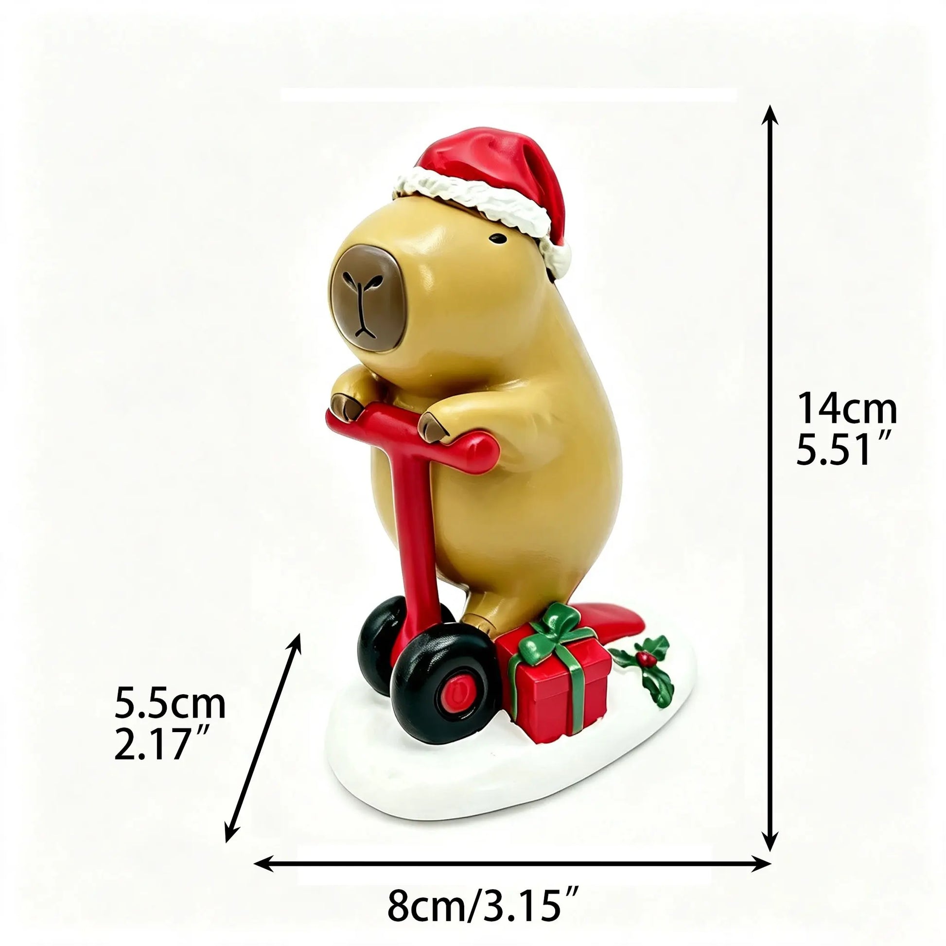 Christmas capybara scooter figurine with dimensions 8cm length, 5.5cm width, 14cm height on white background