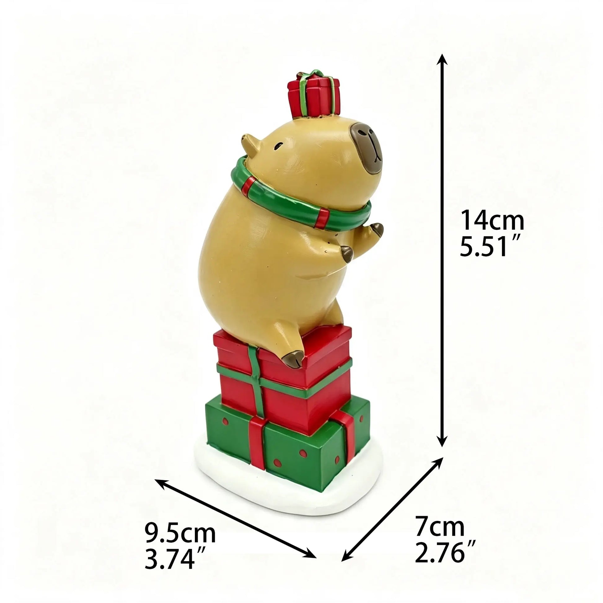 Christmas Capybara Figurine with presents, dimensions 9.5cm length, 7cm width, 14cm height on white background