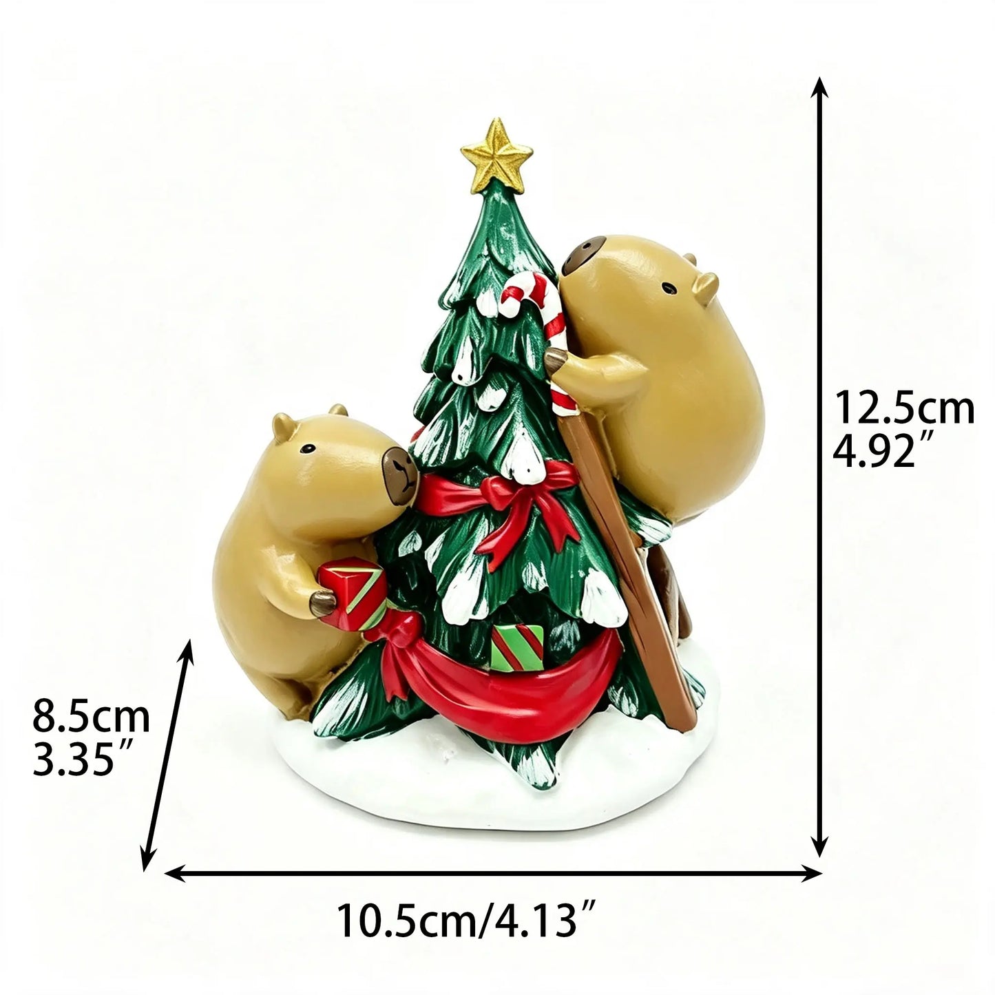 Christmas capybara duo tree figurine with dimensions 10.5cm length, 8.5cm width, 12.5cm height on white background