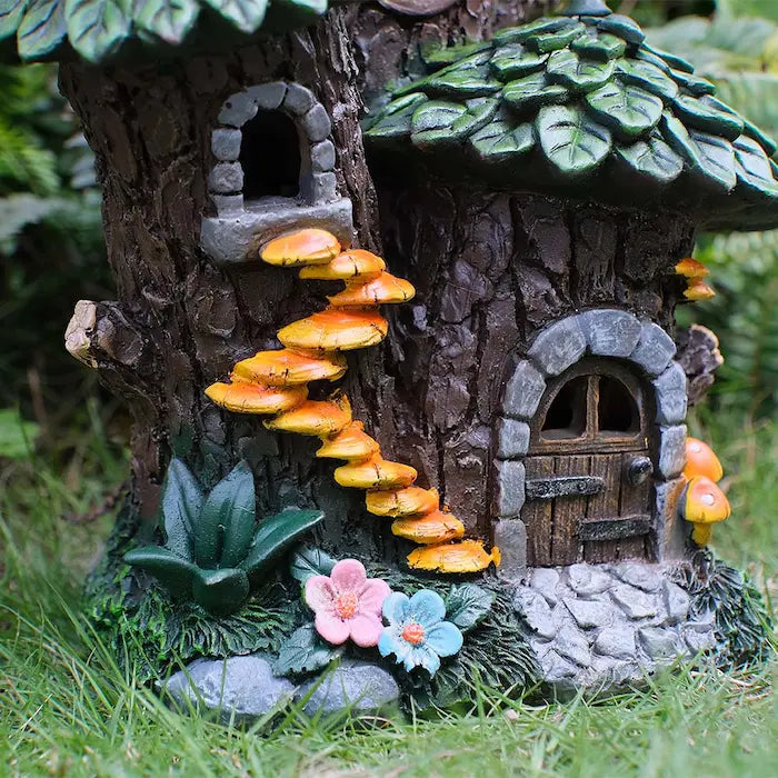 mushroom staircase and wooden door on fairy cottage, close-up