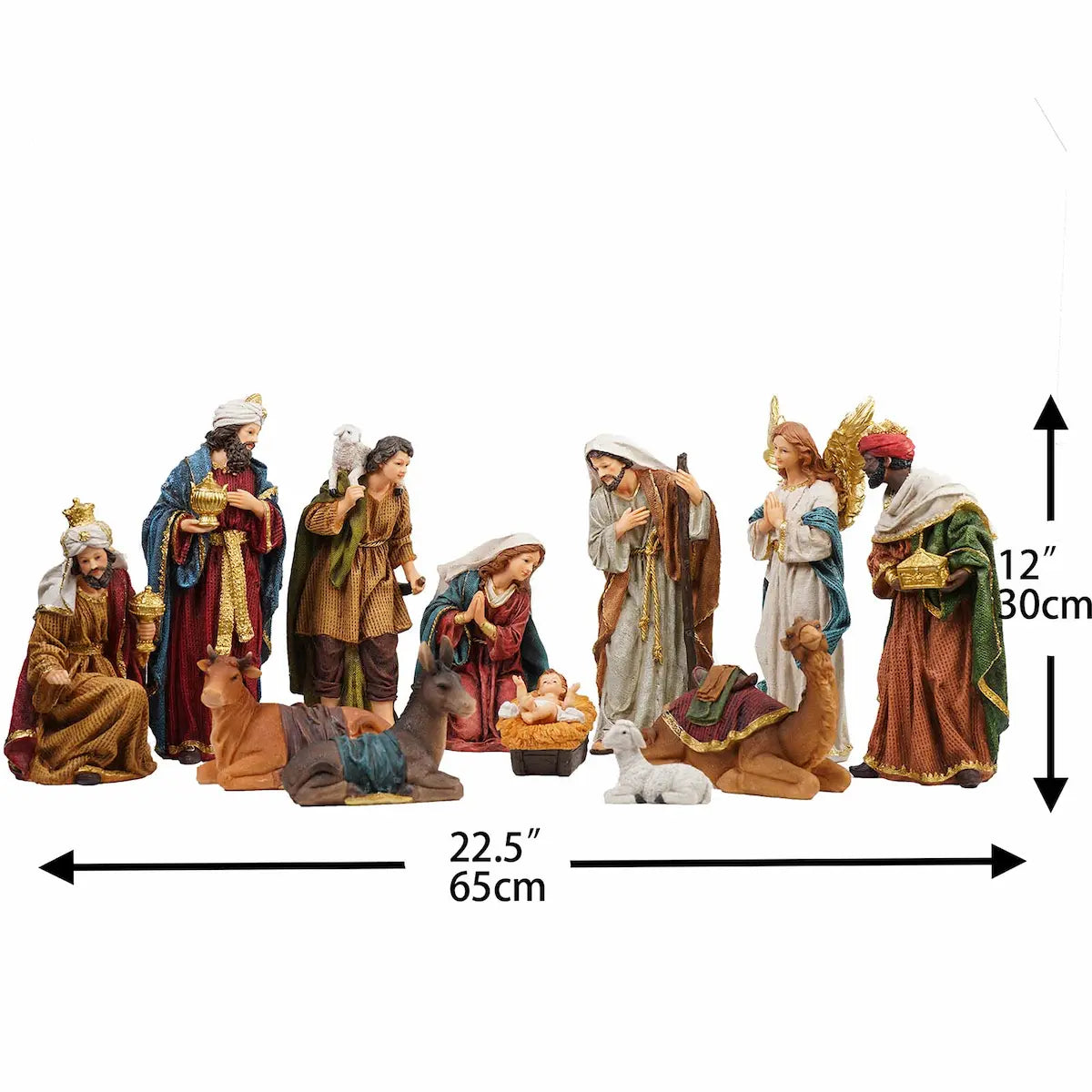 Full 12-piece Hand-painted nativity figurines set showing 22.5-inch display width and 12-inch height, colorful Christmas crèche