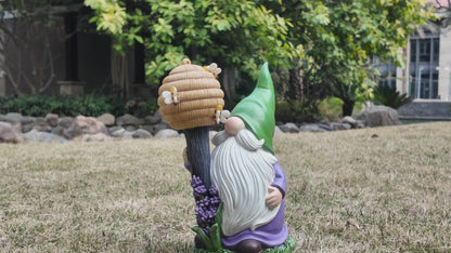 Video of Lighted Bee Garden Gnome Statue with Beehive Staff 