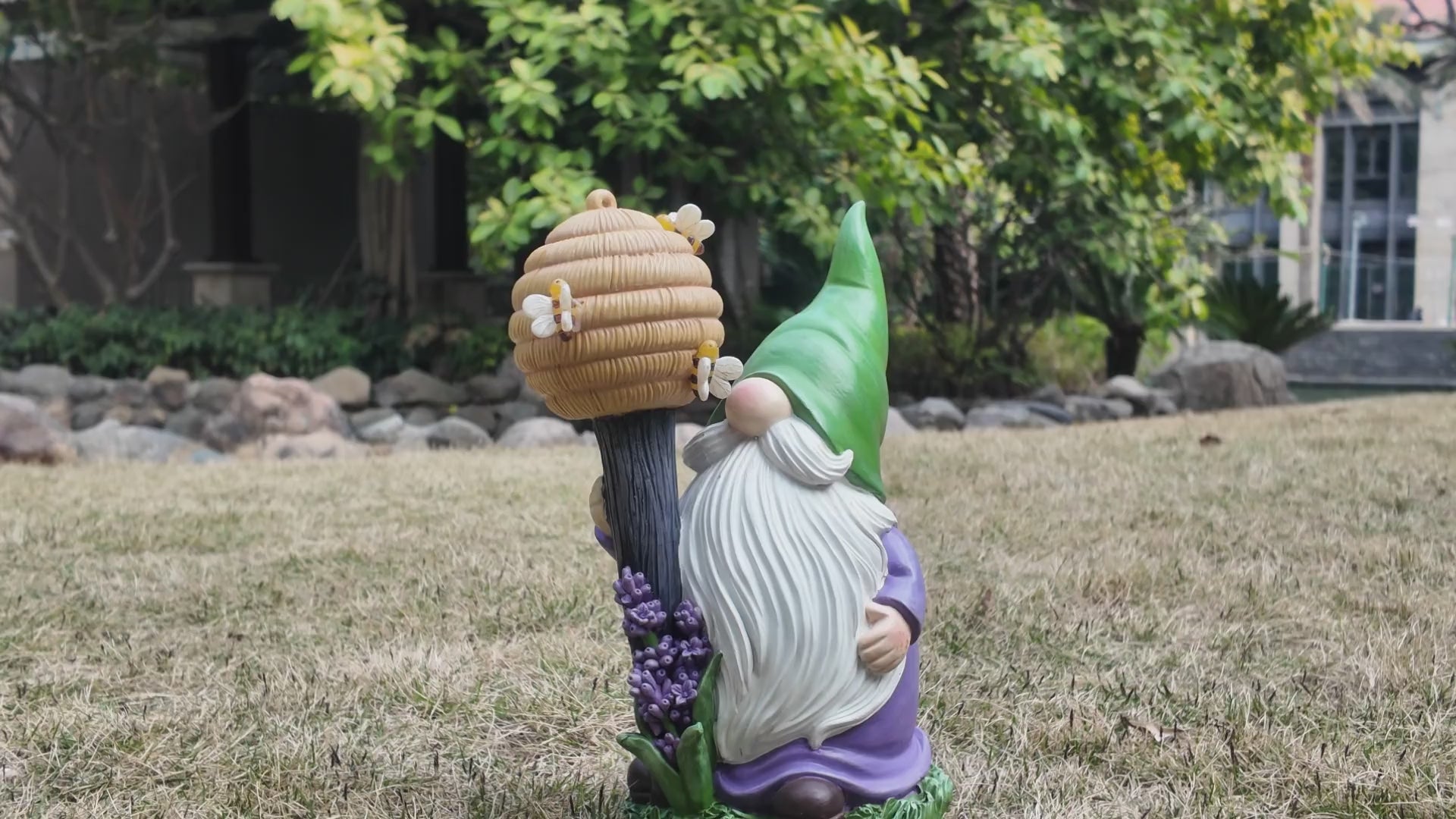 Video of Lighted Bee Garden Gnome Statue with Beehive Staff 