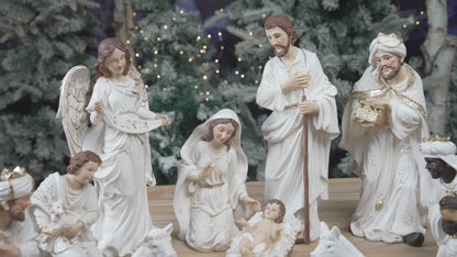 White and Gold 11-Piece Nativity Figurine Set - Christmas Manger Scene Decor