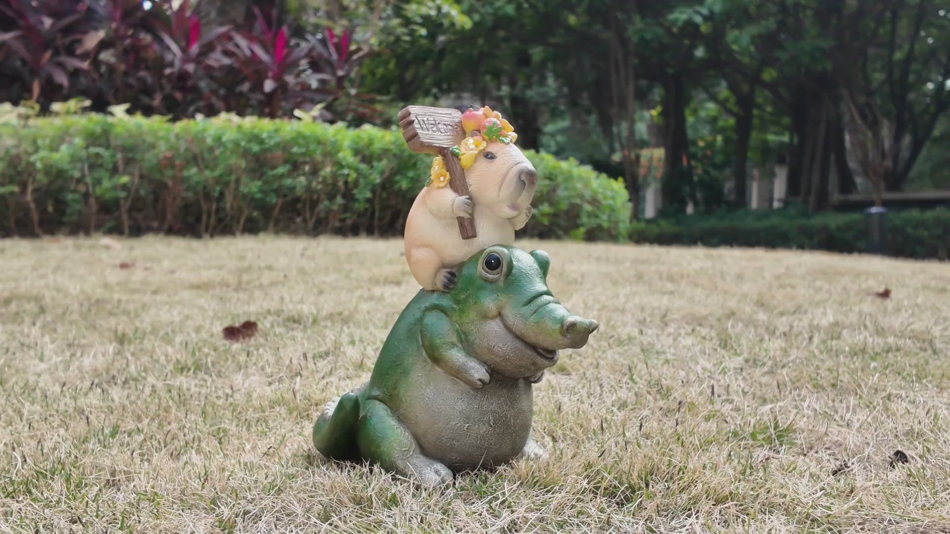 Video of Capybara Riding Alligator Garden Statue with Solar LED Lights 