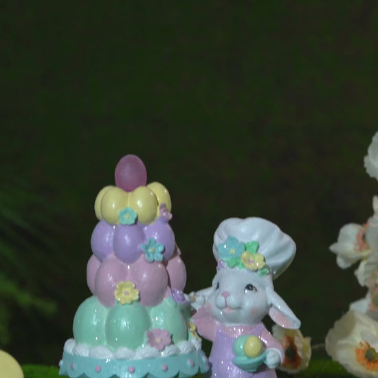 Video of Zayton pastel Easter bunny figurine with tiered egg tower