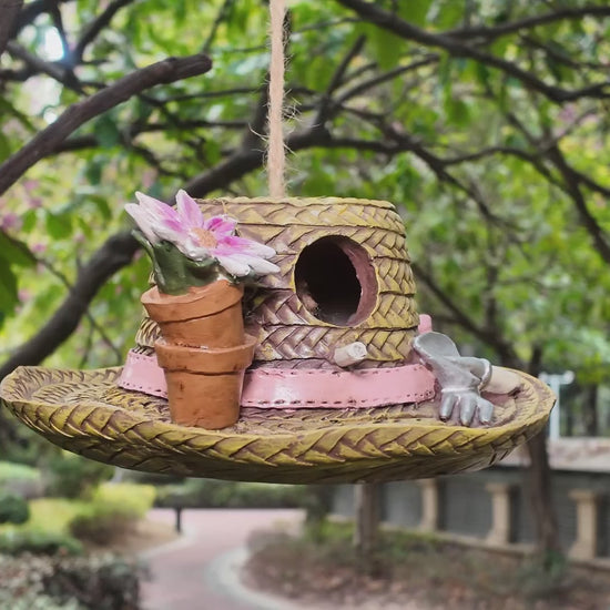 Video of Zayton garden straw hat birdhouse hanging outdoor decor