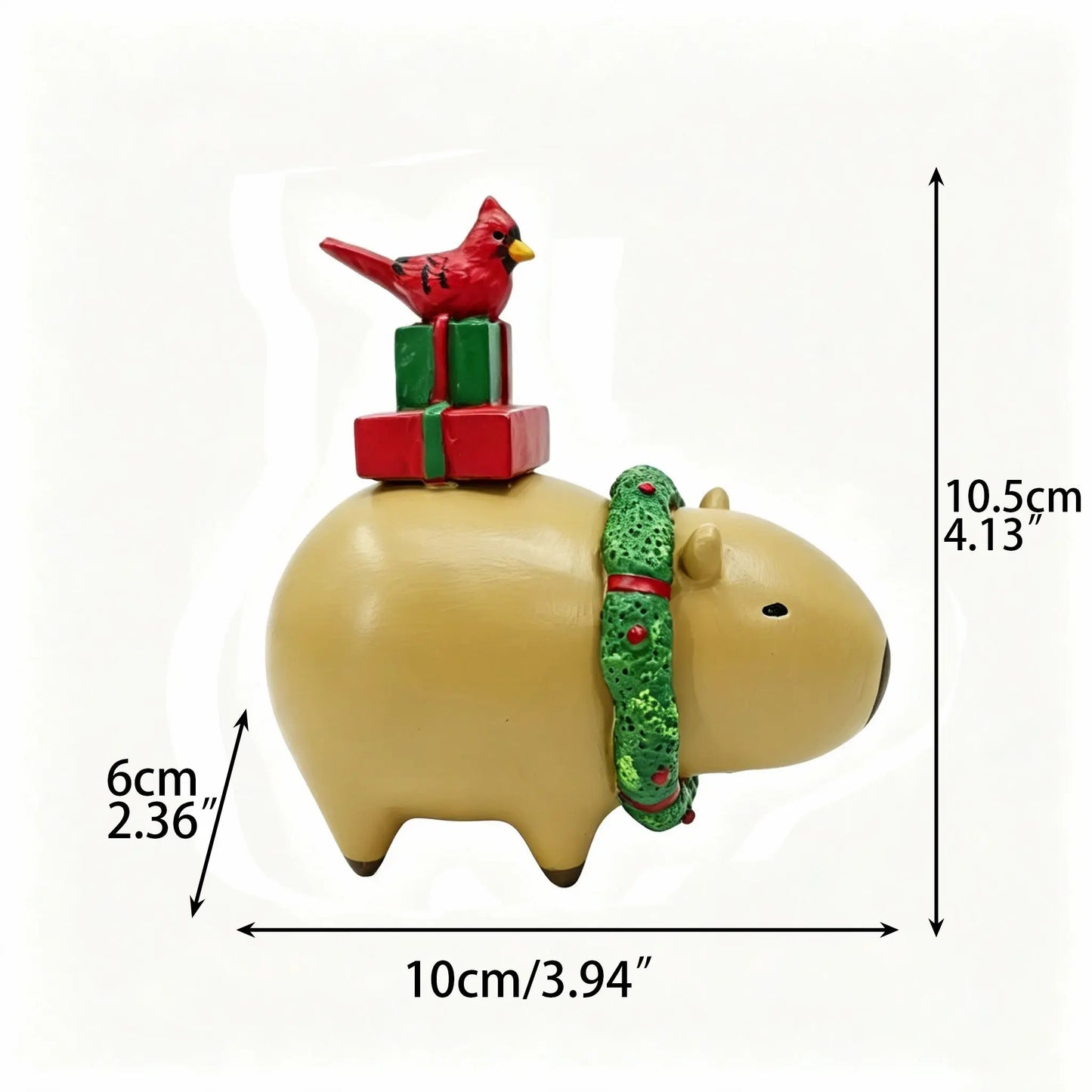 Christmas capybara figurine with dimensions 10.5cm height, 10cm width, 6cm depth displayed on white background