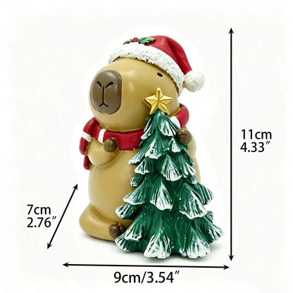 Christmas capybara figurine with dimensions 11cm height, 9cm width, 7cm depth on white background