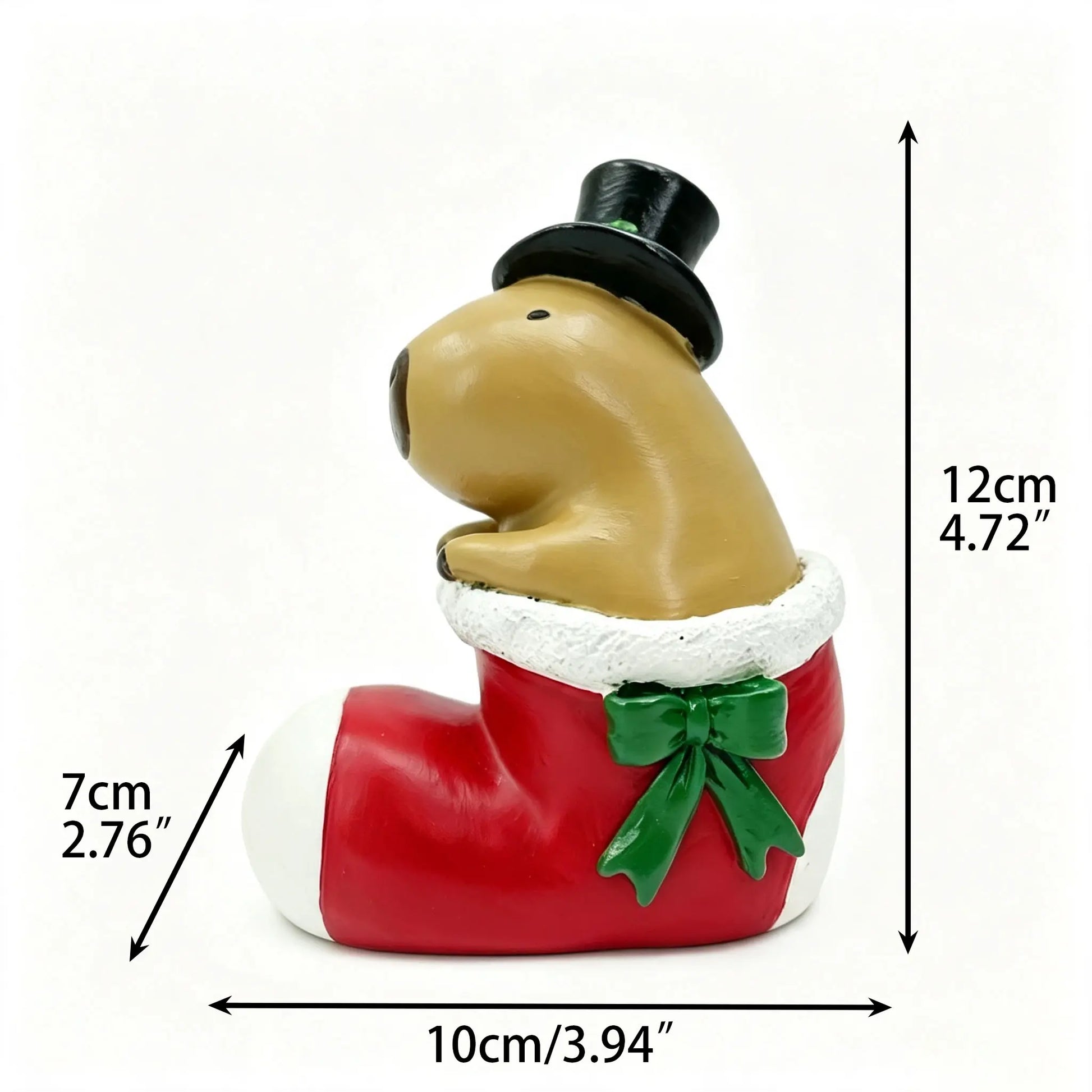Christmas capybara stocking boot figurine with dimensions 10cm length, 7cm width, 12cm height on white background