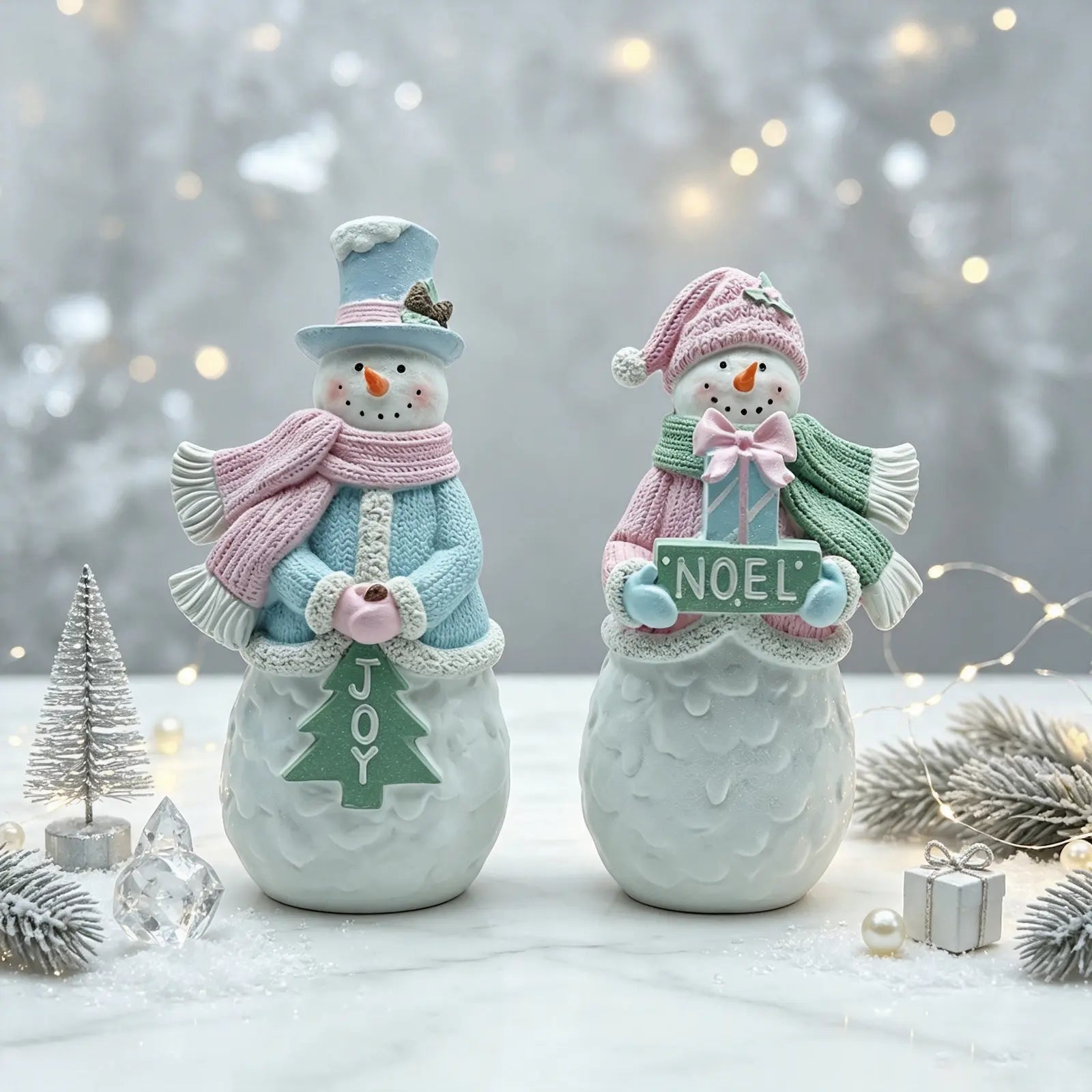 Two resin snowman holiday figurines on a snowy white surface with decorative miniature trees, string lights, and gift boxes. 