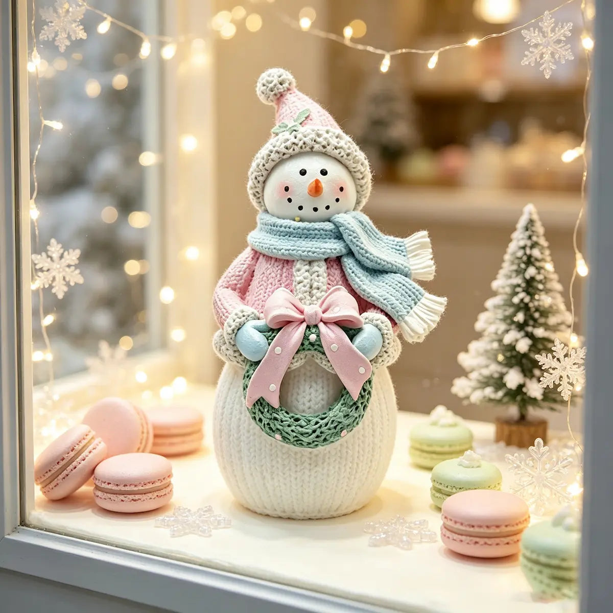 Pastel Snowman with Wreath Figurine