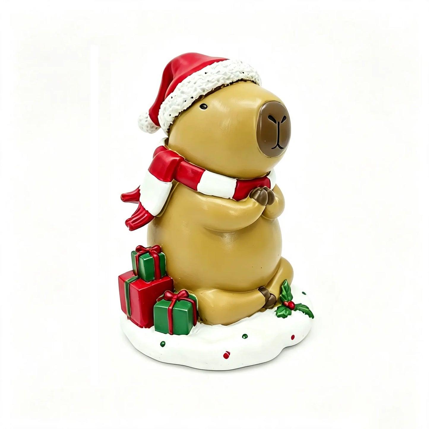Santa Hat Christmas Capybara Figurine with Gifts, Hand-Painted Resin Holiday Decoration