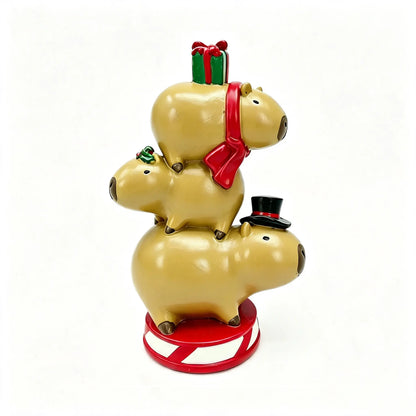Stacked Christmas Capybara Figurine with Gift Boxes, Hand-Painted Resin Holiday Decoration for Shelf & Mantel