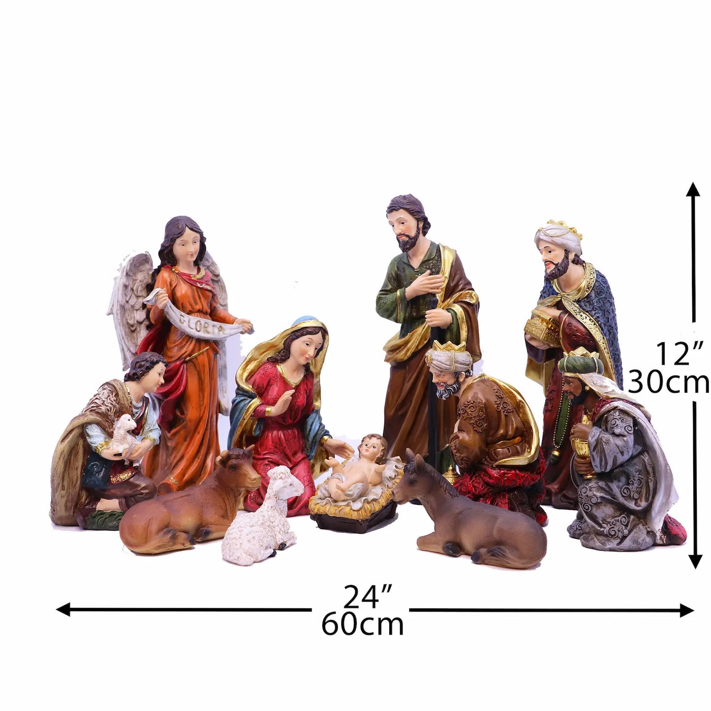 A 11-piece nativity scene figurine set displayed on a white background with dimension arrows.