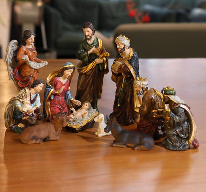 11 Piece Nativity Set, Hand-Painted Resin Christmas Figurines - Indoor Nativity Scene with Holy Family, Three Kings, Angel & Animals